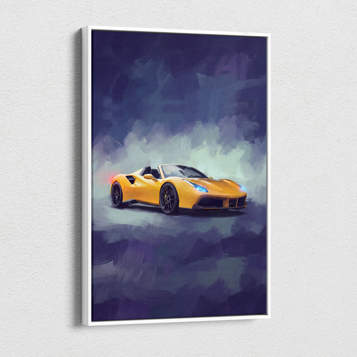 Framed canvas wall art of a vibrant yellow ferrari 488 spider in a dynamic painterly style luxury supercar print