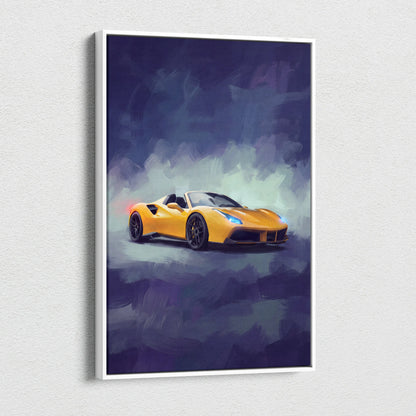 Framed canvas wall art of a vibrant yellow ferrari 488 spider in a dynamic painterly style luxury supercar print