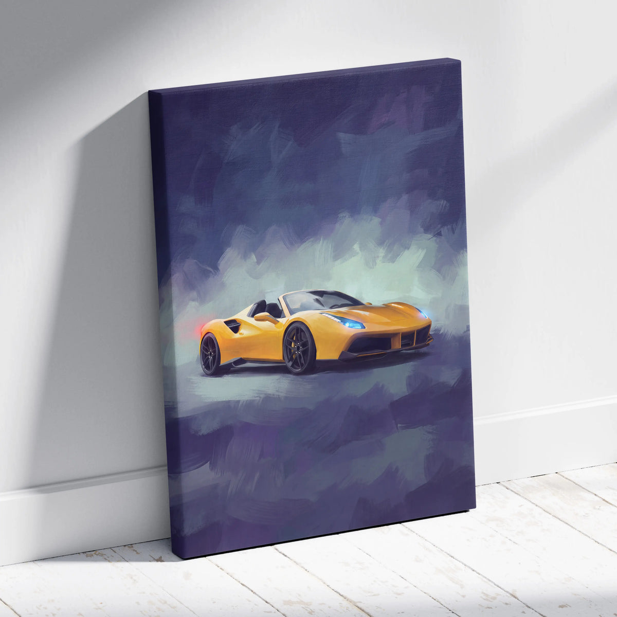 Vibrant yellow Ferrari 488 Spider inspired luxury supercar canvas print with dark purple teal cloud background
