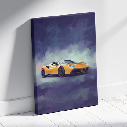 Vibrant yellow Ferrari 488 Spider inspired luxury supercar canvas print with dark purple teal cloud background
