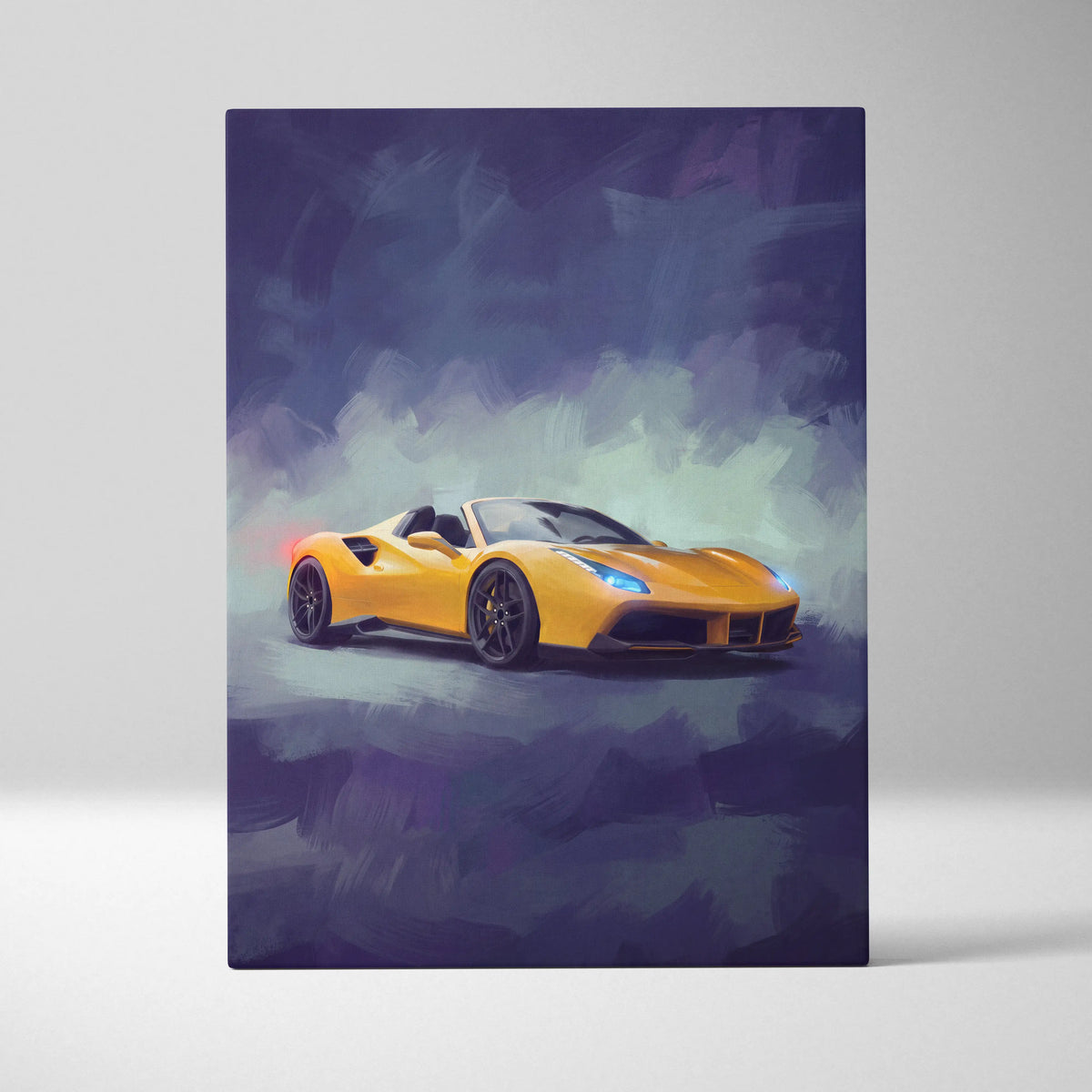 Vibrant yellow ferrari 488 spider inspired automotive wall art in painterly style on luxury supercar canvas print