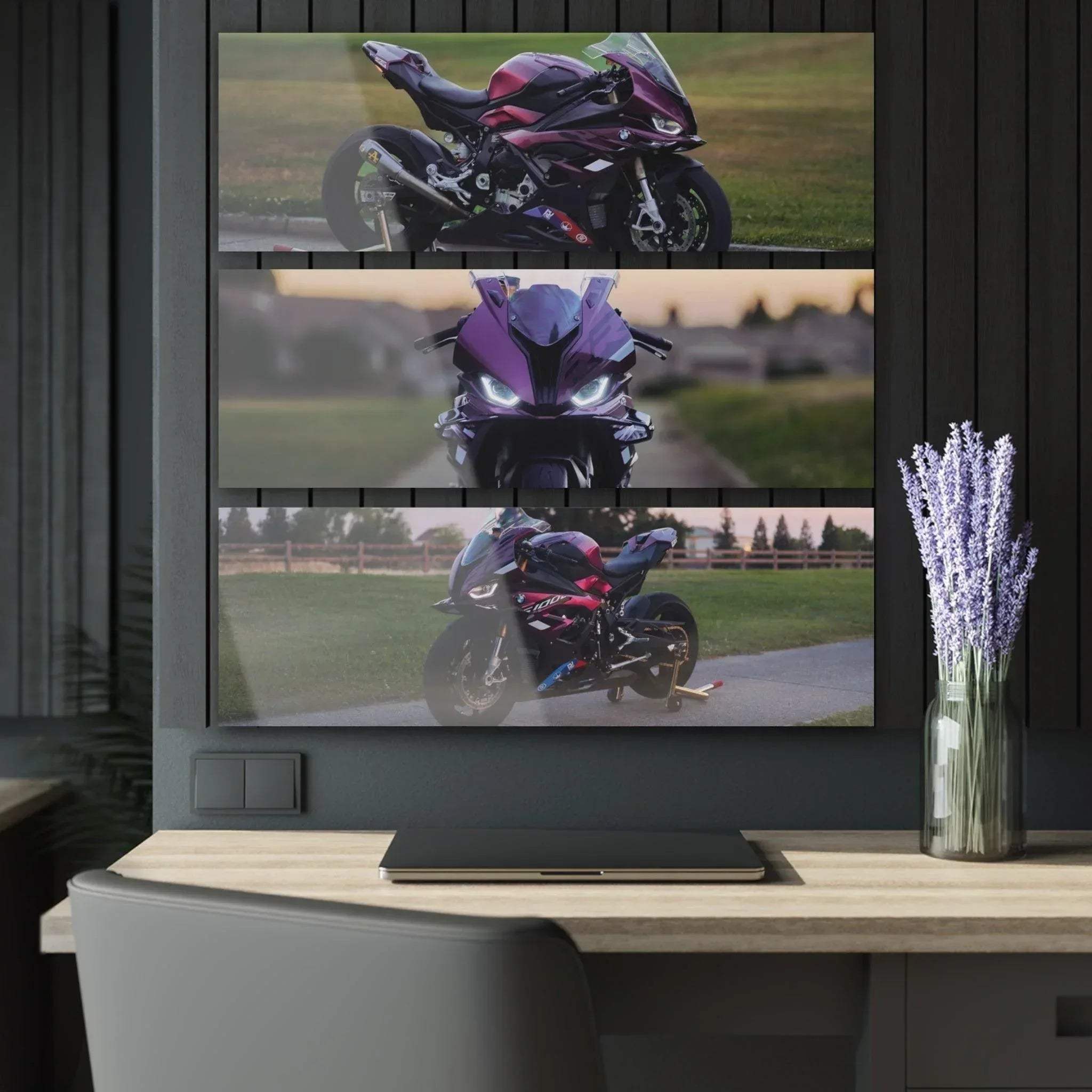 BMW S1000RR motorcycle triptych canvas art wall decor with sharp detail and sleek design.