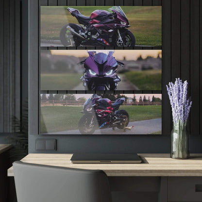 BMW S1000RR motorcycle triptych canvas art wall decor with sharp detail and sleek design.
