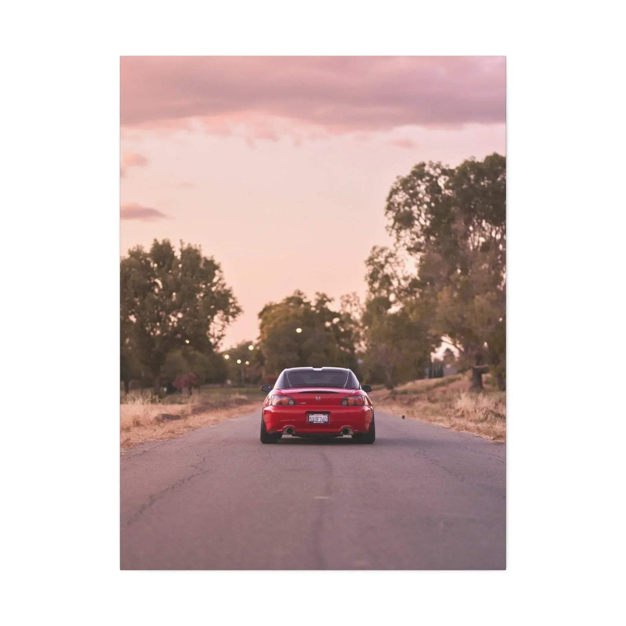 Honda S2000 red sports car on road at sunset vertical canvas wall art print.