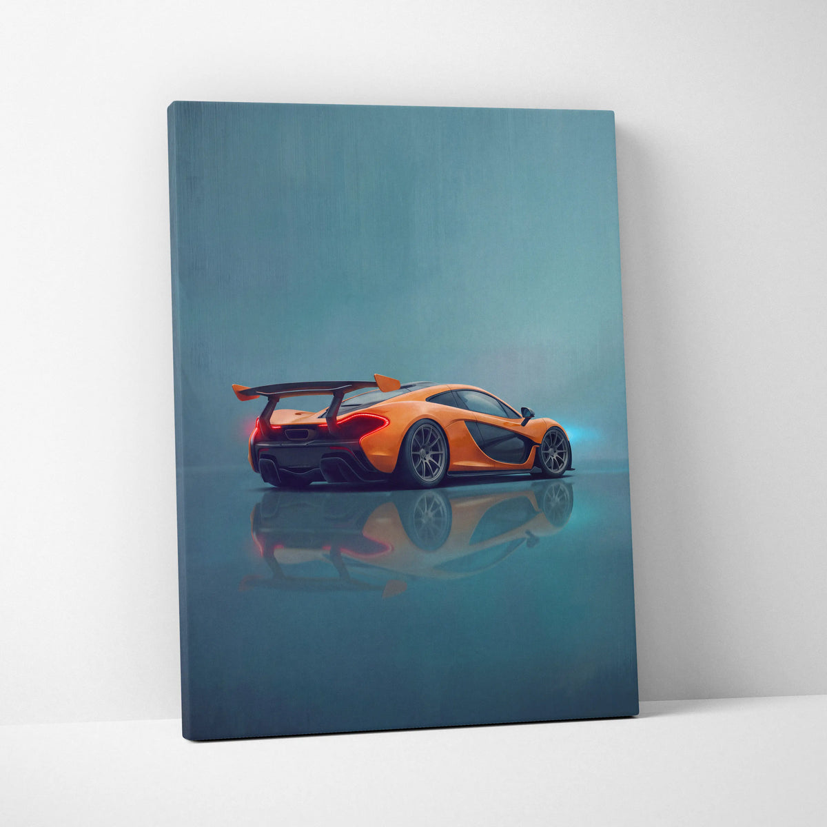 Vibrant orange mclaren p1 inspired supercar canvas art with sleek black accents and reflective surface wall print