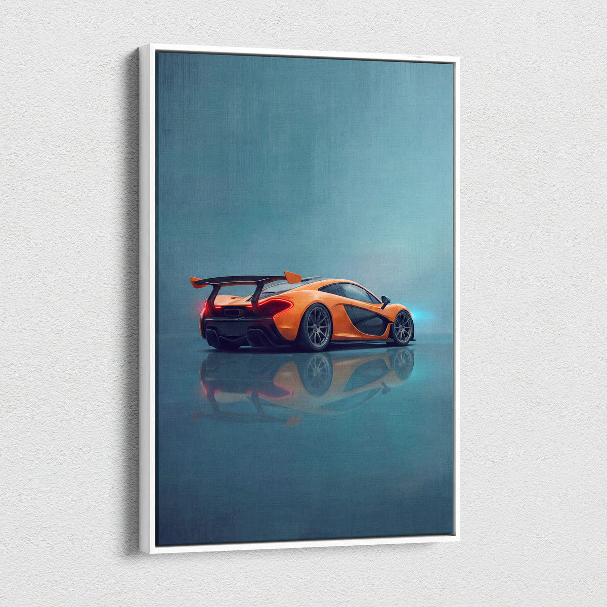 Orange mclaren p1 sports car canvas art print in white frame custom supercar wall decor for automotive enthusiasts