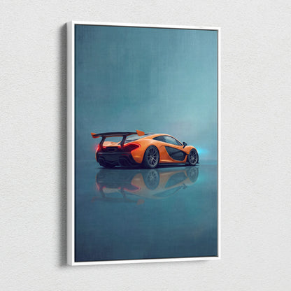 Orange mclaren p1 sports car canvas art print in white frame custom supercar wall decor for automotive enthusiasts