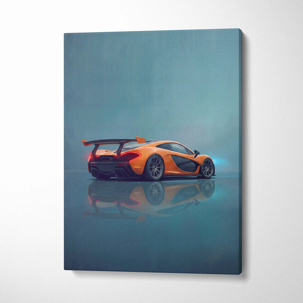 McLaren P1 inspired supercar canvas art print featuring a vibrant orange sports car with black accents and glowing red taillights