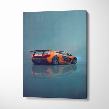 McLaren P1 inspired supercar canvas art print featuring a vibrant orange sports car with black accents and glowing red taillights