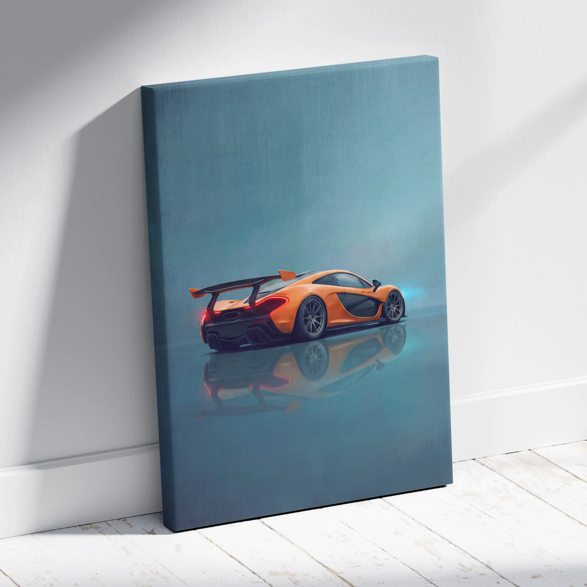 Vibrant orange McLaren P1 inspired supercar canvas art with sleek black accents displayed on a minimalist white wall