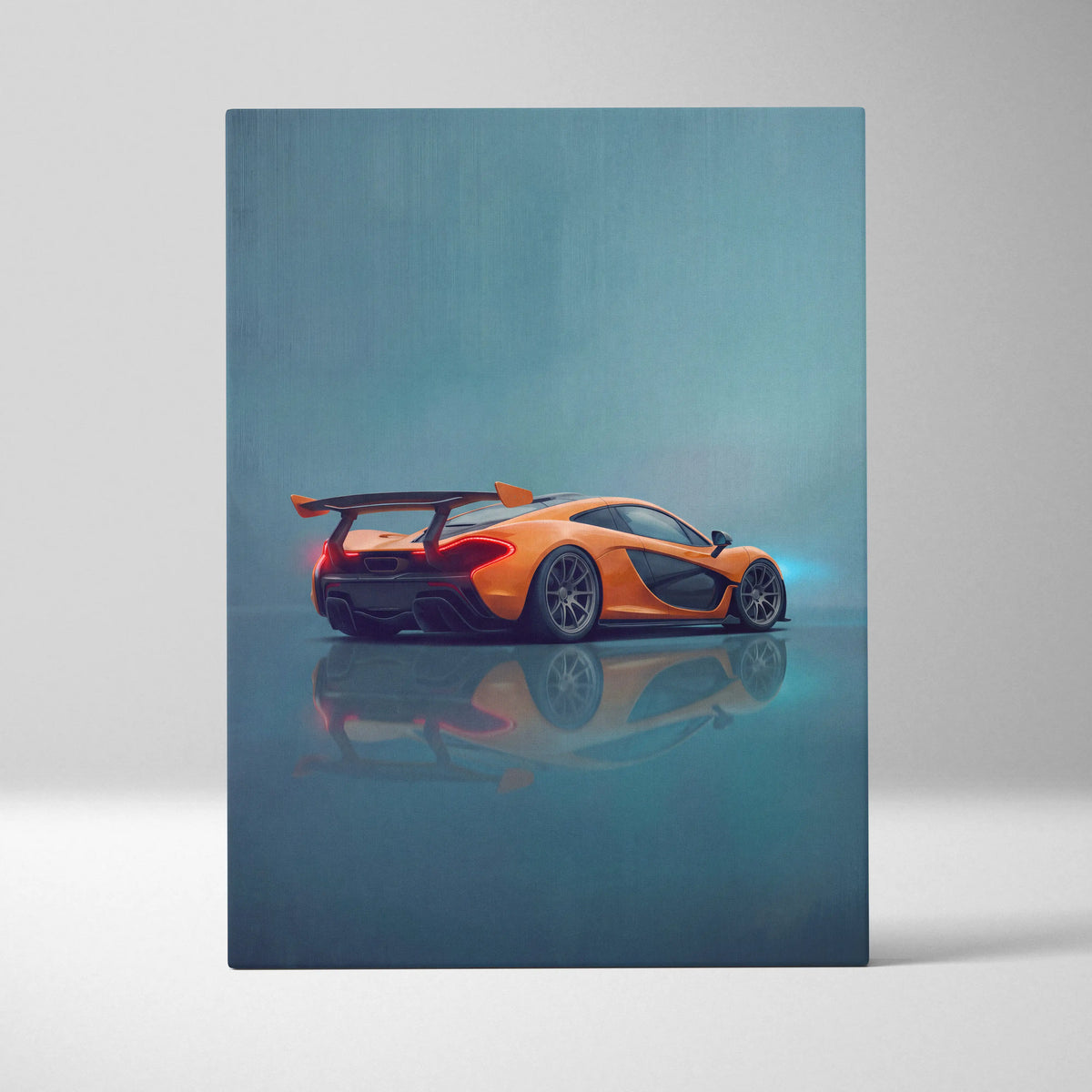 Vibrant orange mclaren p1 inspired supercar canvas art print featuring a stylized reflective studio setting