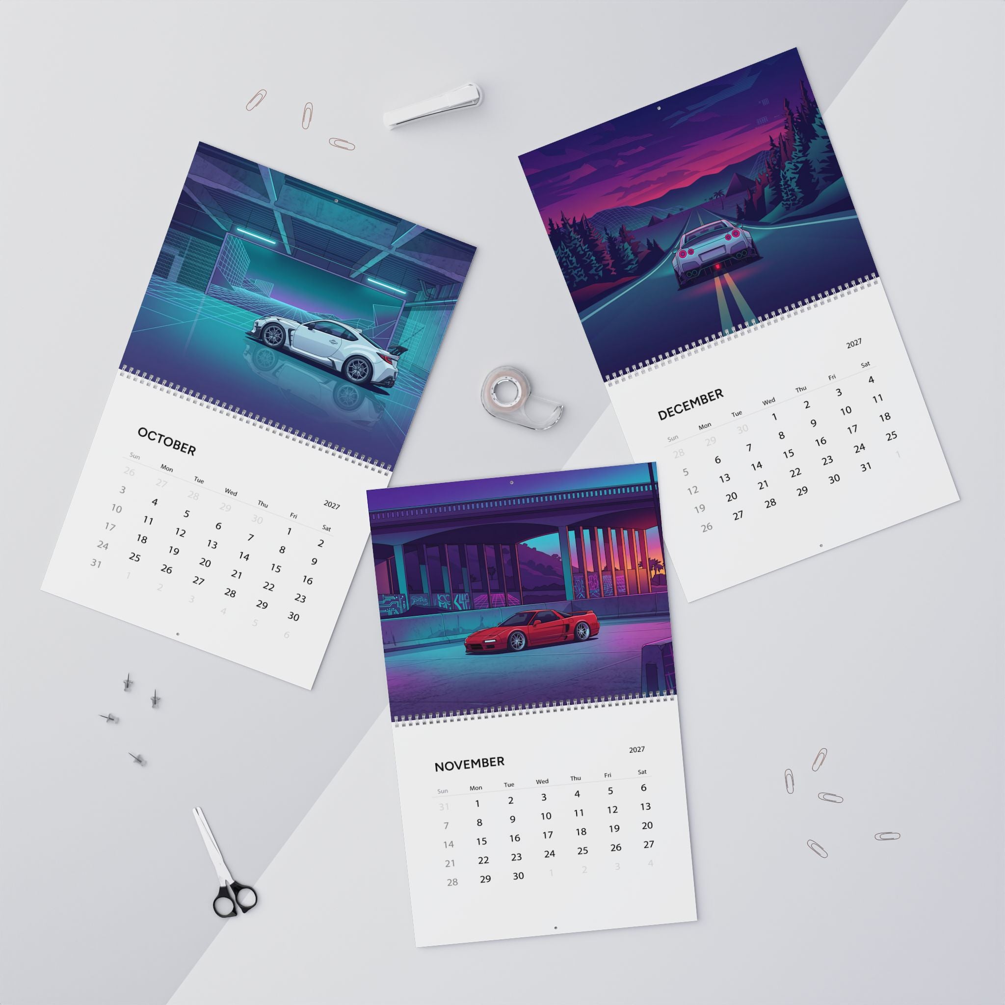 2027 JDM Cars Vaporwave Wall Calendar – Japanese Performance Cars & Retro Neon Artwork Collection