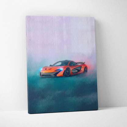 McLaren P1 inspired canvas art featuring a vibrant orange sports car with glowing blue headlights and red exhaust smoke