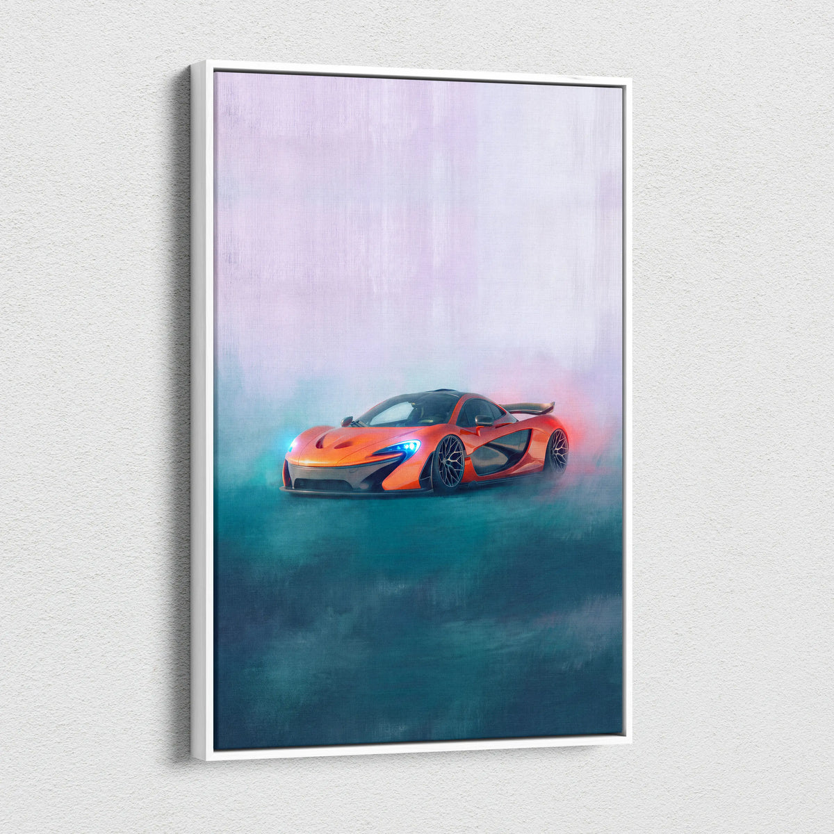 Mclaren p1 inspired canvas art featuring vibrant orange sports car in smoky style within sleek white frame for wall decor