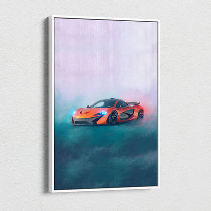 Mclaren p1 inspired canvas art featuring vibrant orange sports car in smoky style within sleek white frame for wall decor