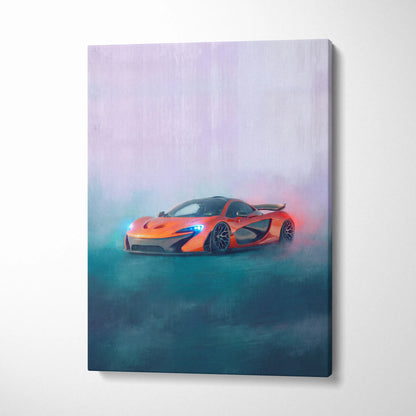 Vibrant orange McLaren sports car on canvas with dynamic smoky rendering premium automotive wall decor