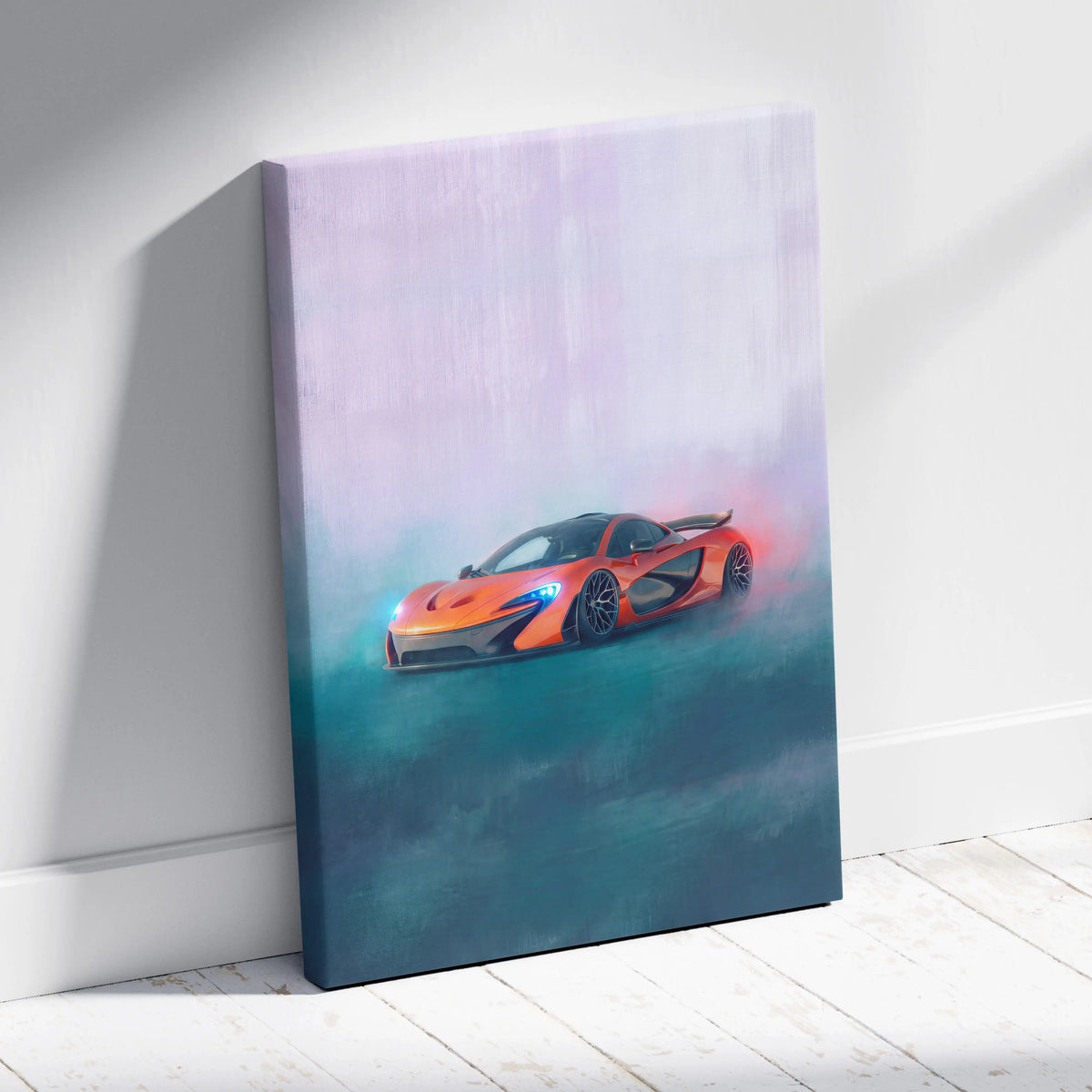 Vibrant orange McLaren P1 inspired canvas art with glowing blue headlights on misty teal background for wall decor