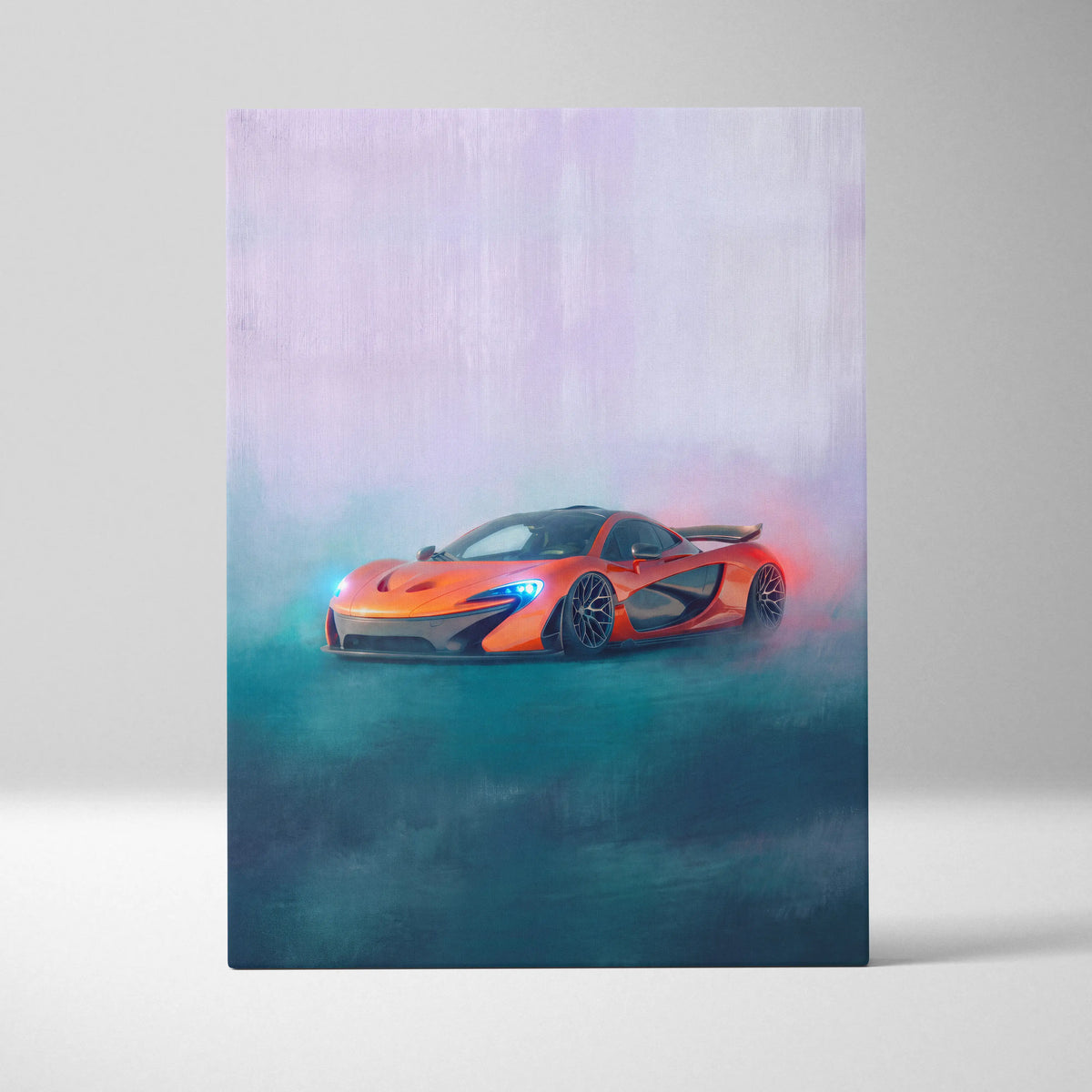 Vibrant orange mclaren p1 sports car in stylized misty artistic rendering on premium canvas automotive wall decor