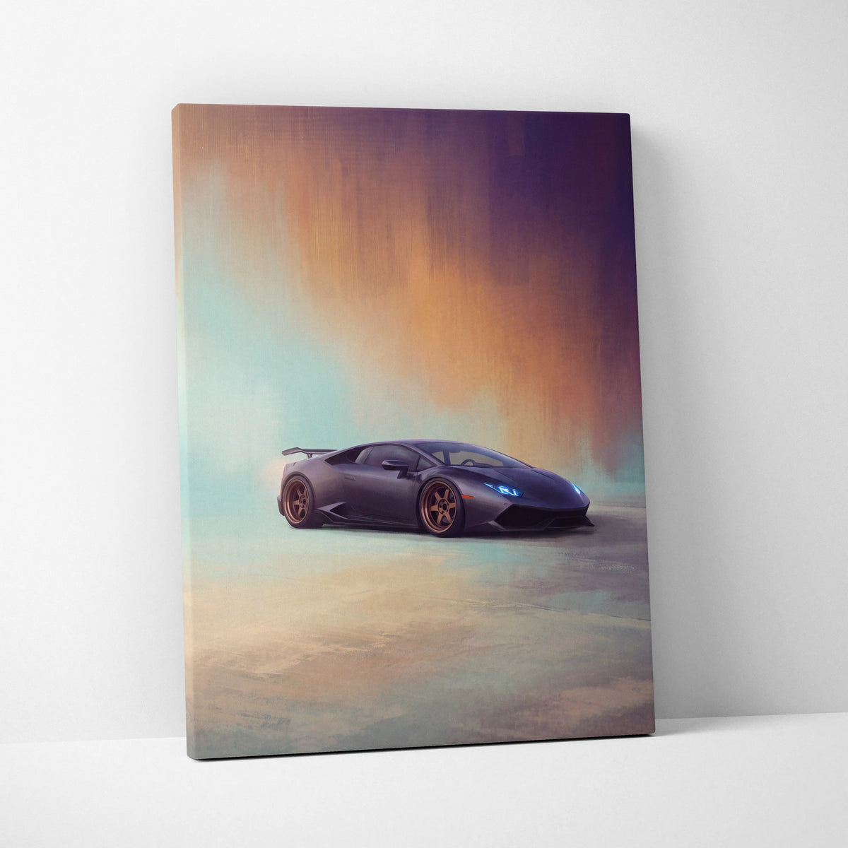 Lamborghini huracán inspired black canvas print with glossy finish and vibrant gradient sky backdrop track edition wall art