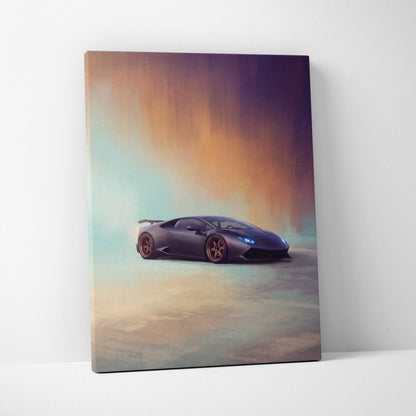 Lamborghini huracán inspired black canvas print with glossy finish and vibrant gradient sky backdrop track edition wall art