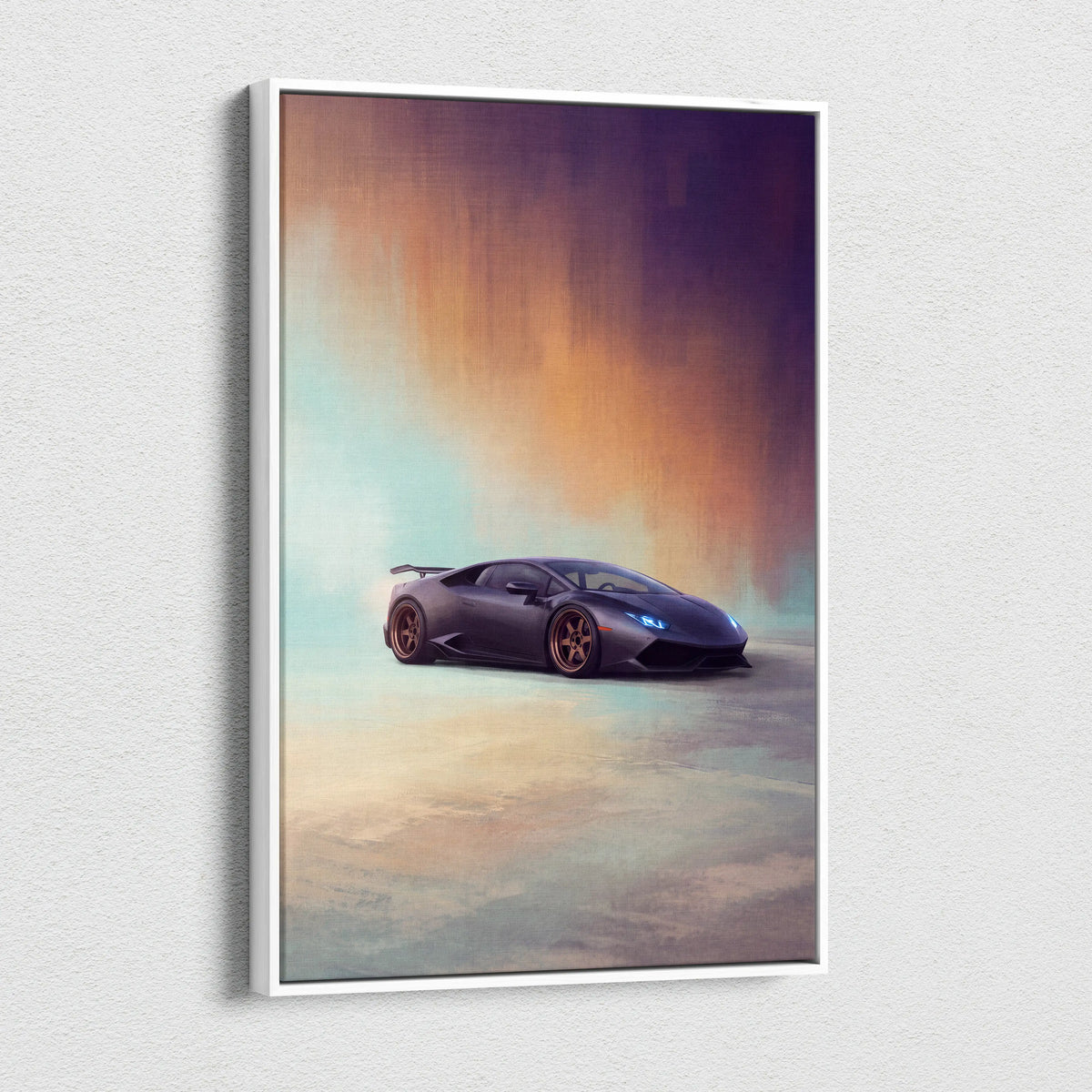 Lamborghini huracán inspired car wall art featuring a sleek black sports car with copper rims on canvas print