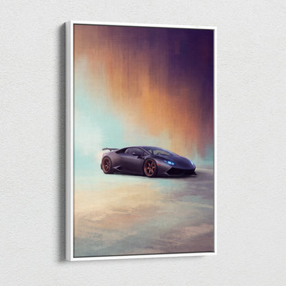 Lamborghini huracán inspired car wall art featuring a sleek black sports car with copper rims on canvas print
