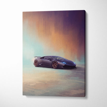 Lamborghini Huracán inspired matte black sports car wall art with gold rims on canvas print for track edition fans