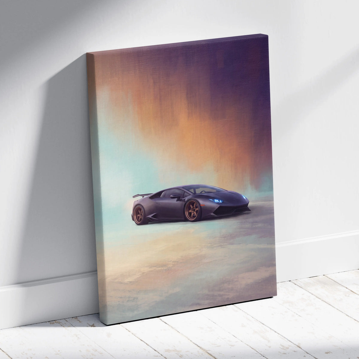 A sleek matte black Lamborghini Huracán canvas print with glowing blue headlights against a purple and orange sky