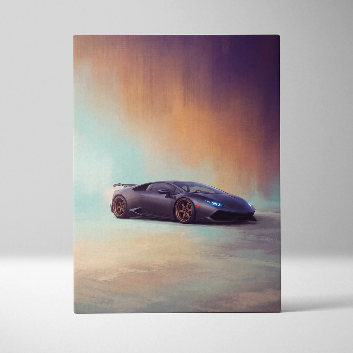 A sleek matte black Lamborghini Huracán inspired car wall art canvas painting with glowing blue headlights and bronze wheels