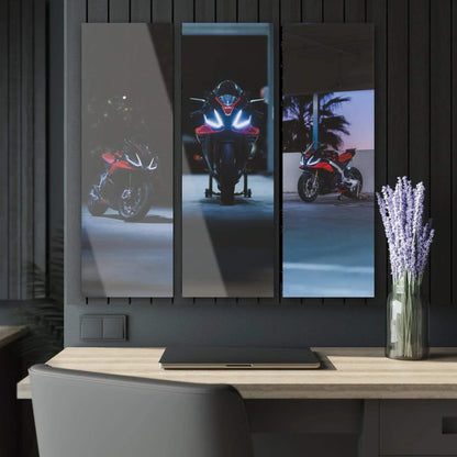 Three-piece Aprilia RSV4 1100 Factory motorcycle canvas art in dark tones, modern wall art panel set.