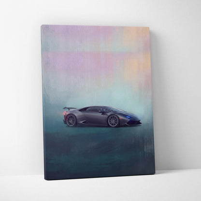 A matte black Lamborghini Huracán canvas print featuring a sleek sports car with a pastel gradient background