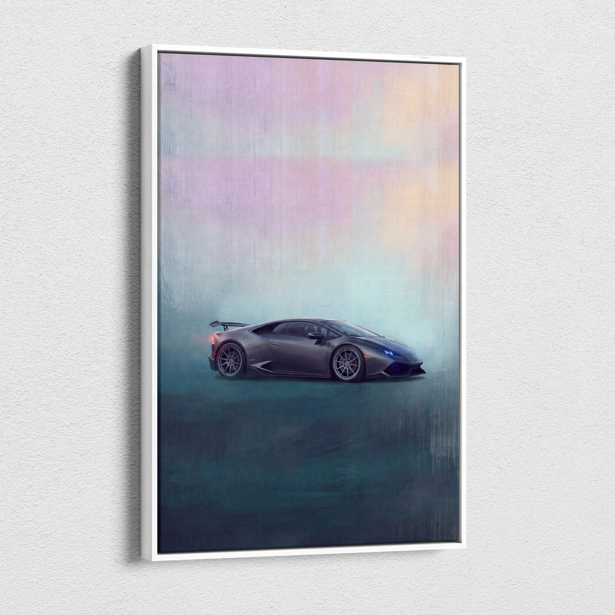 A sleek matte gray Lamborghini Huracán sports car in modern stylized artwork on a white framed luxury supercar canvas print