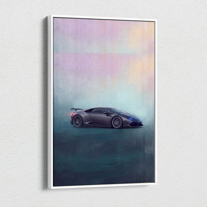 A sleek matte gray Lamborghini Huracán sports car in modern stylized artwork on a white framed luxury supercar canvas print