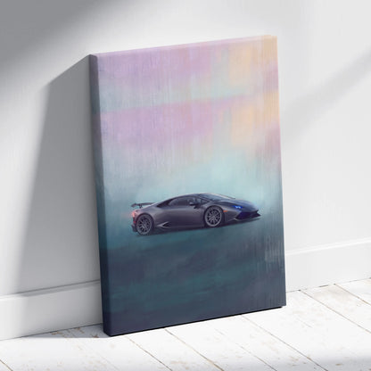 A sleek matte black Lamborghini Huracán sports car on a pastel pink and teal gradient canvas print wall art