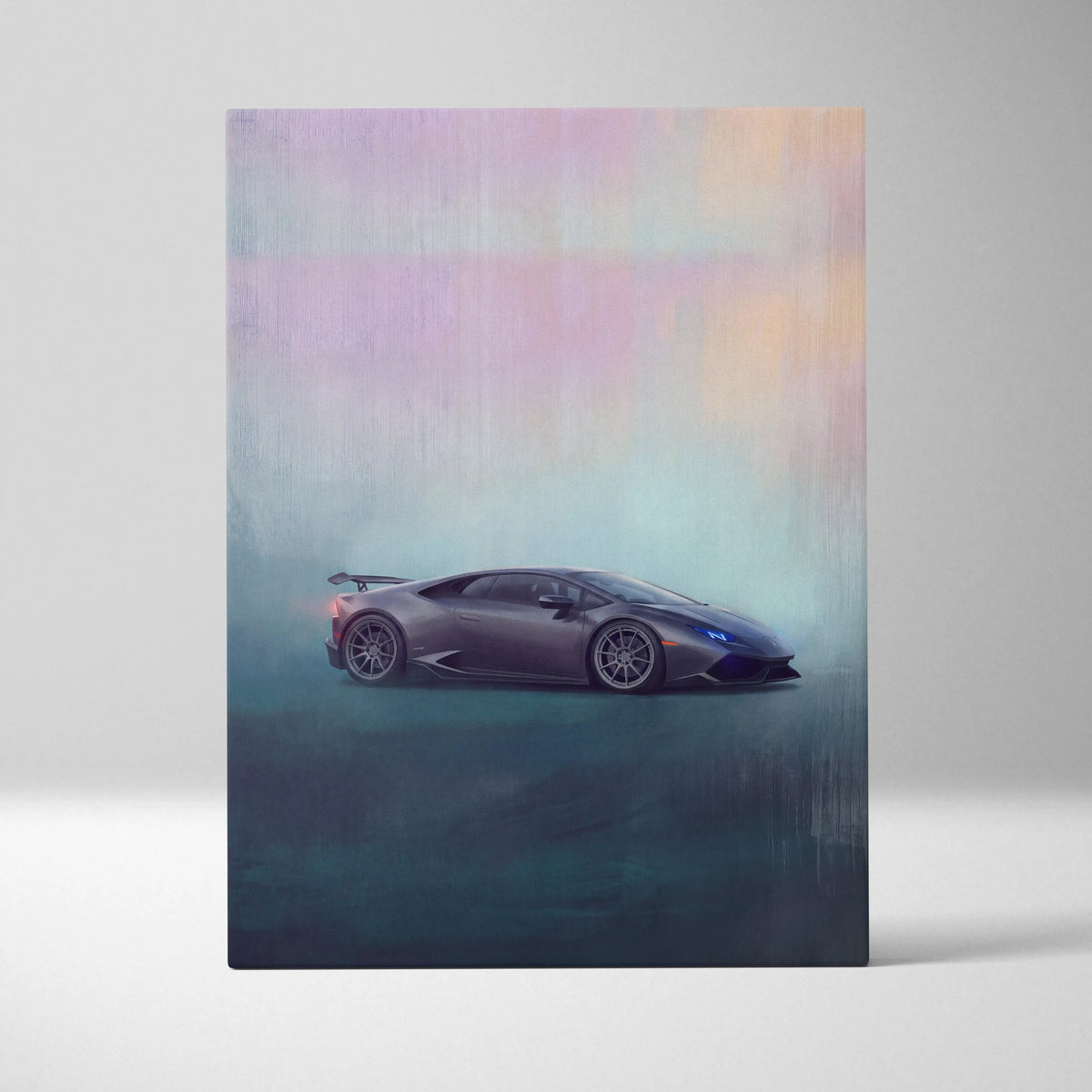 Lamborghini Huracán inspired automotive wall art featuring a sleek matte gray sports car with pastel gradient skies