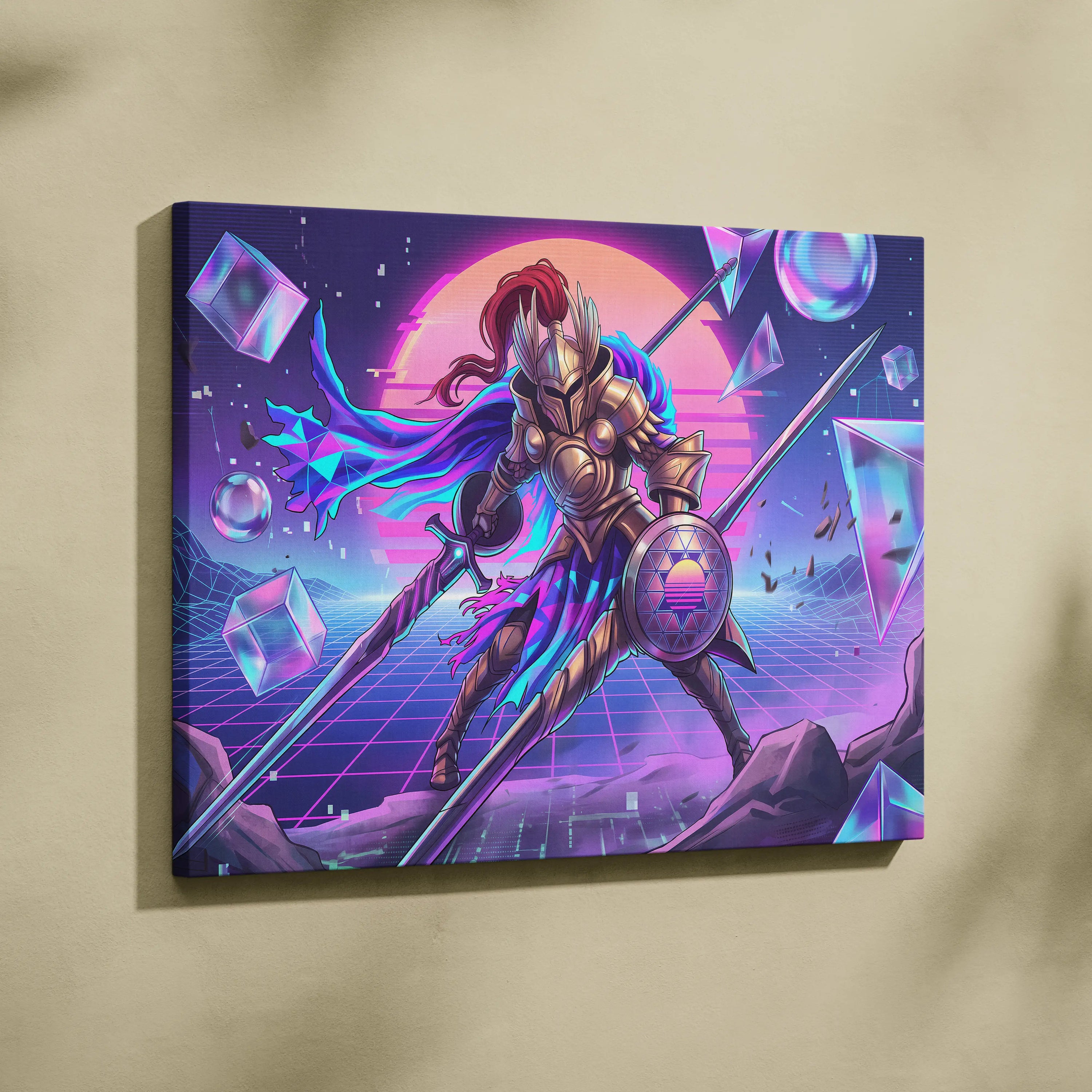 Vapor Knight Neon Canvas - Vaporwave Knight Neon Pink Teal Living Room Futurism Dreamy Neon Vaporwave Canvas Art Print