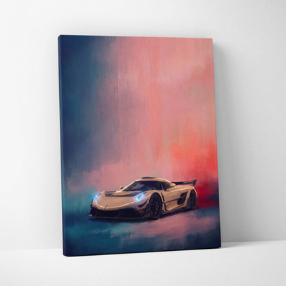 Koenigsegg jesko inspired supercar canvas art print featuring a cream koenigsegg with blue headlights on a gradient sky background