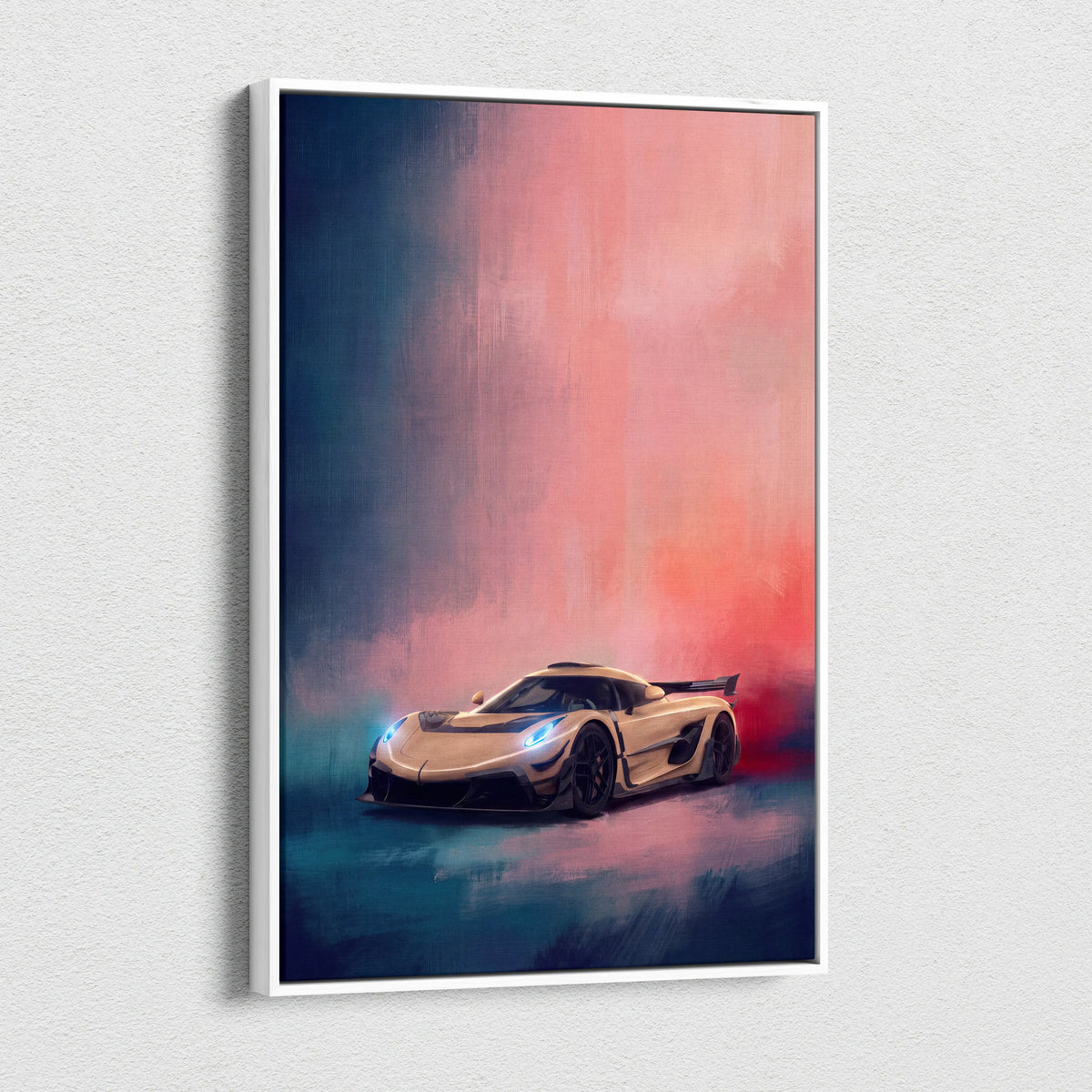 Koenigsegg jesko inspired cream hypercar canvas art print with glowing blue headlights and pink blue gradient sky backdrop