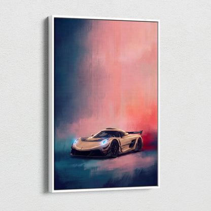 Koenigsegg jesko inspired cream hypercar canvas art print with glowing blue headlights and pink blue gradient sky backdrop
