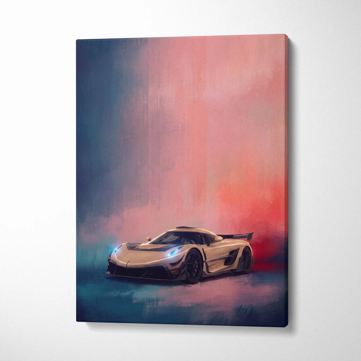 A sleek cream-colored koenigsegg jesko inspired supercar canvas art print with glowing blue headlights and vibrant lighting