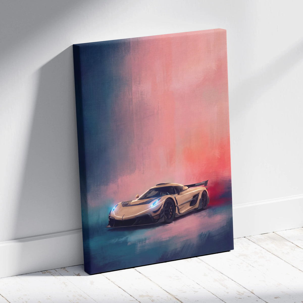 A canvas print of a cream-colored Koenigsegg Jesko hypercar with glowing blue headlights on a pink and teal background