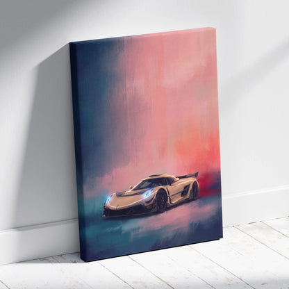 A canvas print of a cream-colored Koenigsegg Jesko hypercar with glowing blue headlights on a pink and teal background