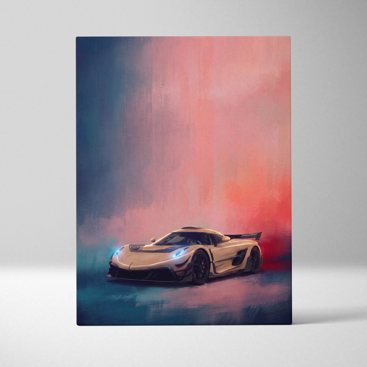 A sleek cream-colored koenigsegg jesko inspired hypercar canvas art print with glowing blue headlights and pink-blue lighting