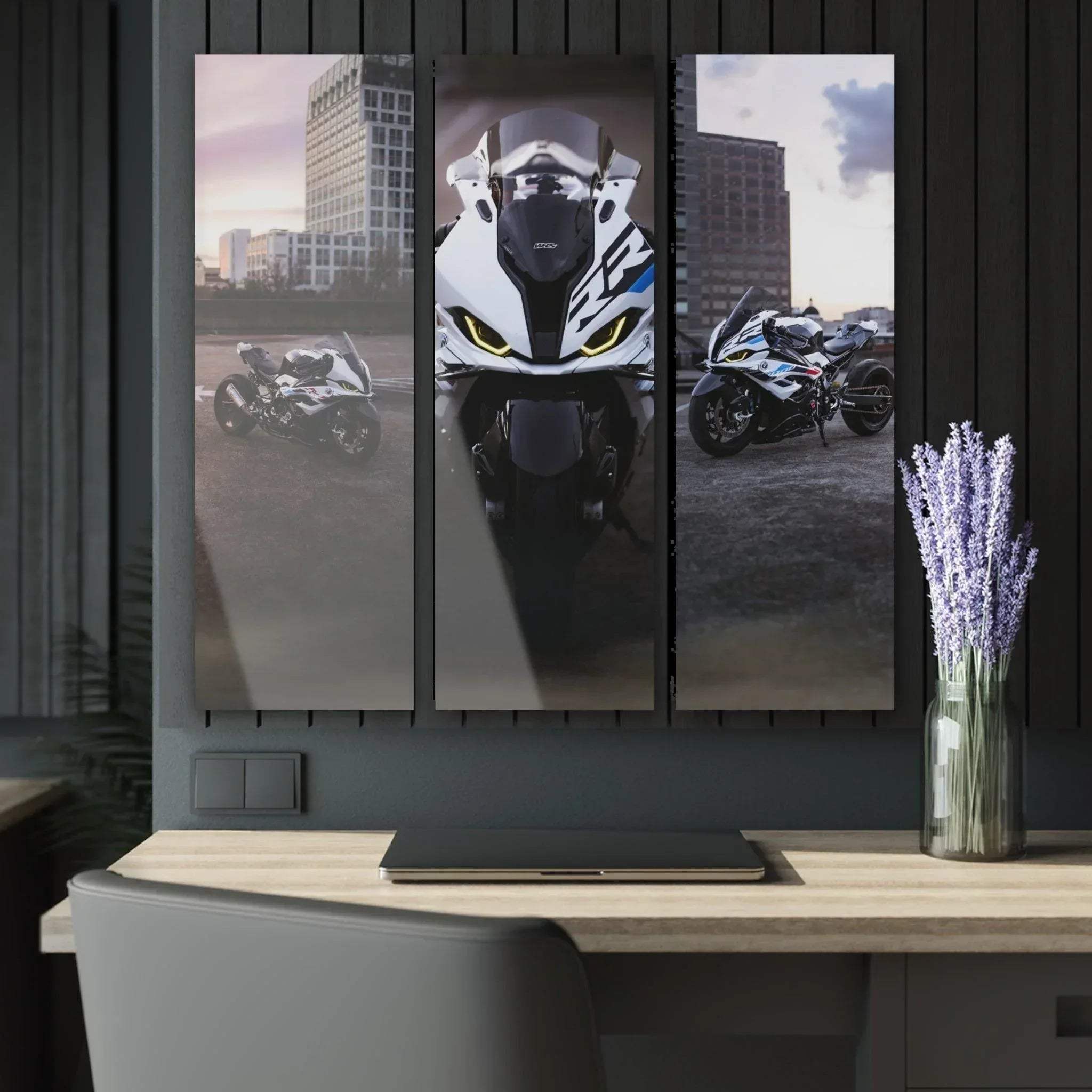 BMW S1000RR three-piece canvas wall art featuring close-up and side views of the motorcycle against an urban backdrop.