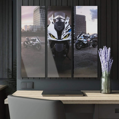 BMW S1000RR three-piece canvas wall art featuring close-up and side views of the motorcycle against an urban backdrop.