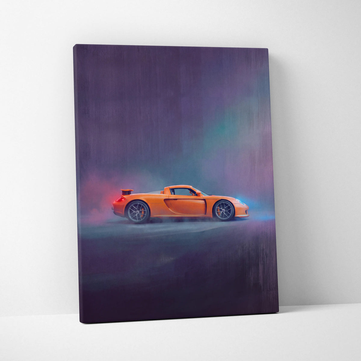 Orange Porsche sports car in a stylized atmospheric painting on canvas Porsche Carrera GT inspired wall art