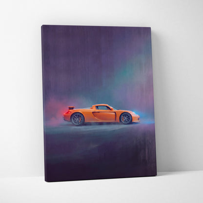 Orange Porsche sports car in a stylized atmospheric painting on canvas Porsche Carrera GT inspired wall art