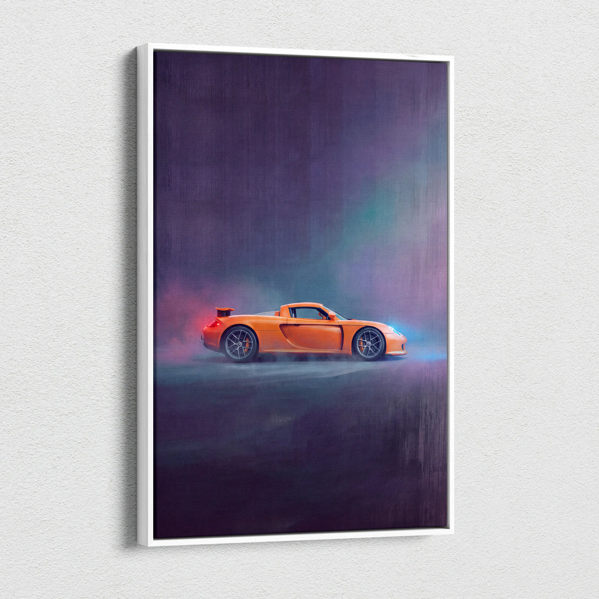 Porsche carrera gt inspired canvas art featuring an orange sports car stylized painting in a white frame for wall decor