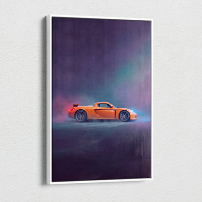 Porsche carrera gt inspired canvas art featuring an orange sports car stylized painting in a white frame for wall decor