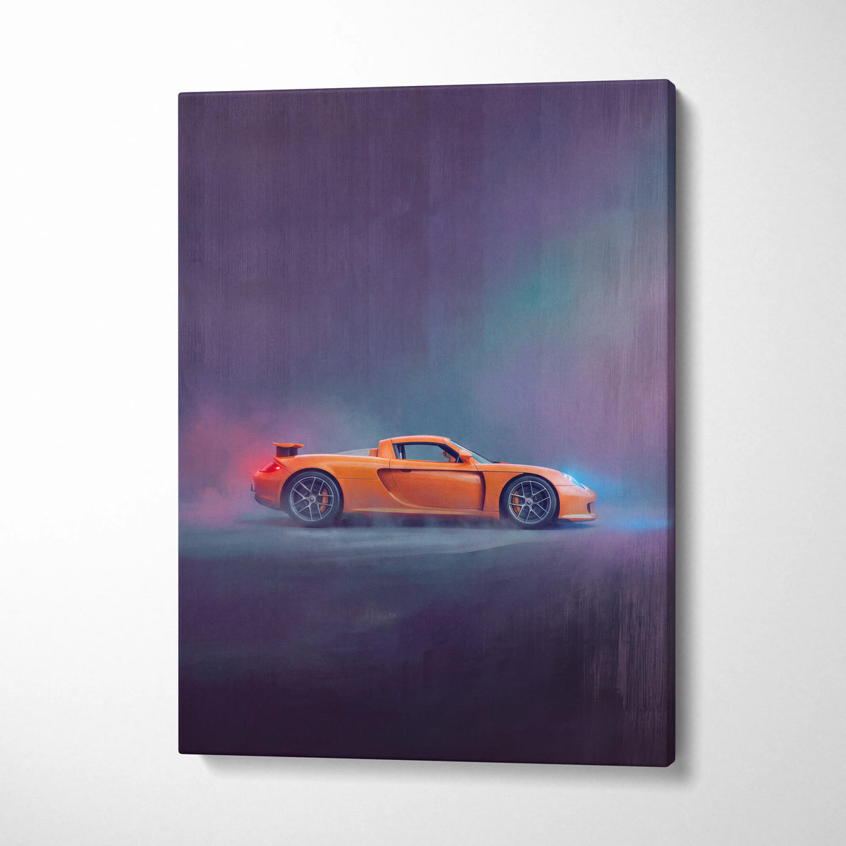 Porsche carrera gt inspired canvas art featuring a vibrant orange sports car drifting against a moody backdrop